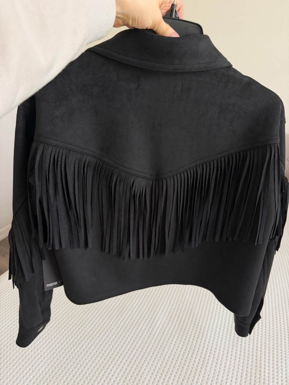 Women's Black Fringe Faux Suede Jacket - Picture 7 of 8